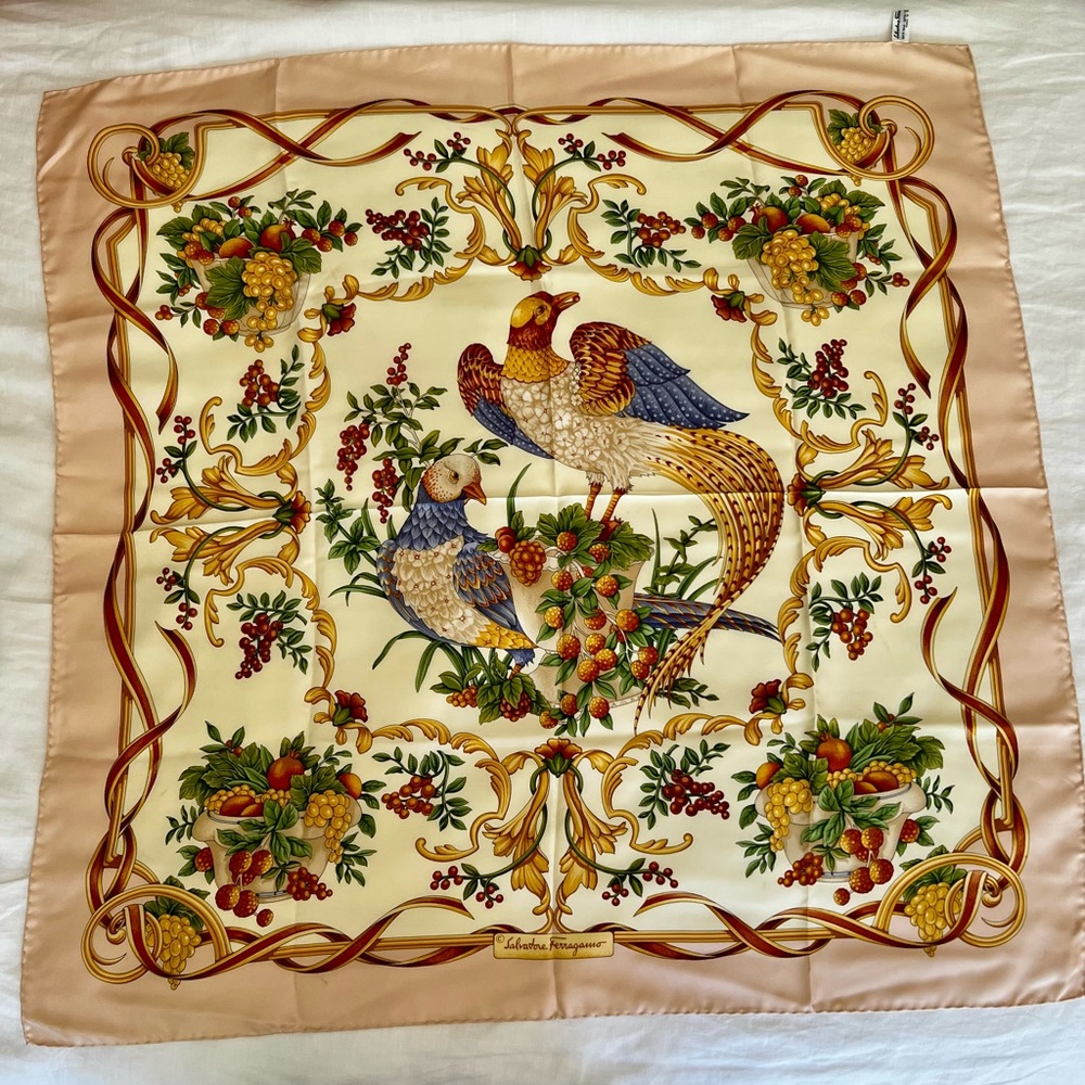 Salvatore Ferragamo Silk Scarf in Cream, Gold, Blue, Green, Brown - Picture 1 of 16